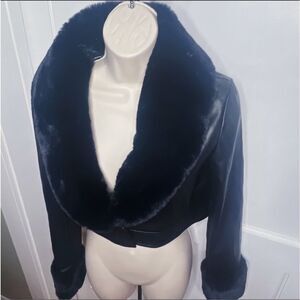 Faux Leather & Fur Cropped Moto Jacket  Black Size medium New